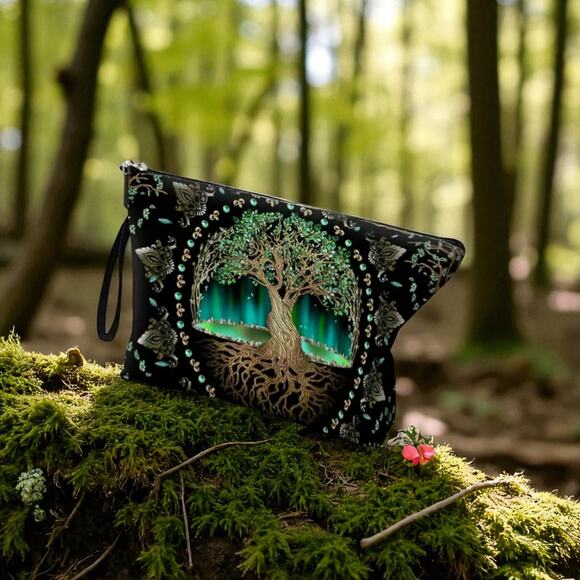 Tree of Life Cosmetic Bag Green 7x10x2 - Mystical Multi-Functional Makeup Pouch - Picture 8 of 13